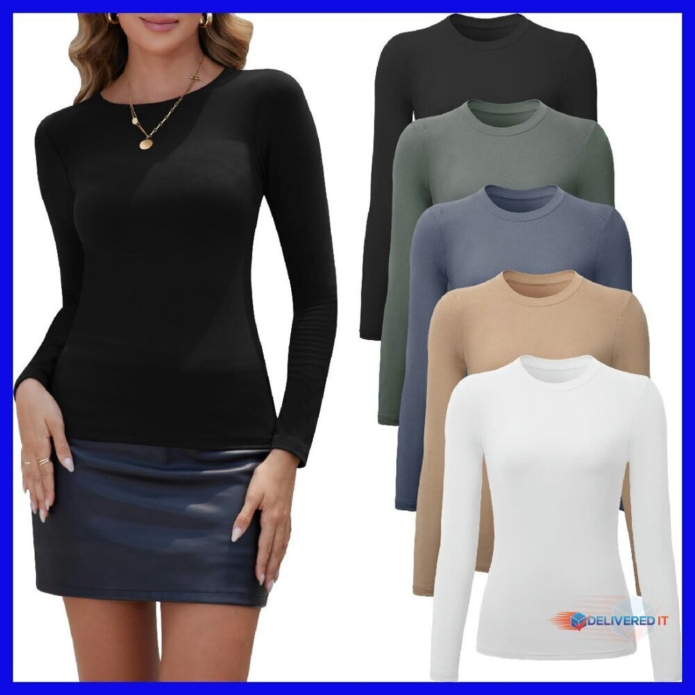 Stretchy Long Sleeve Crew Neck Tops 5-Pack Rayon Spandex Fitted